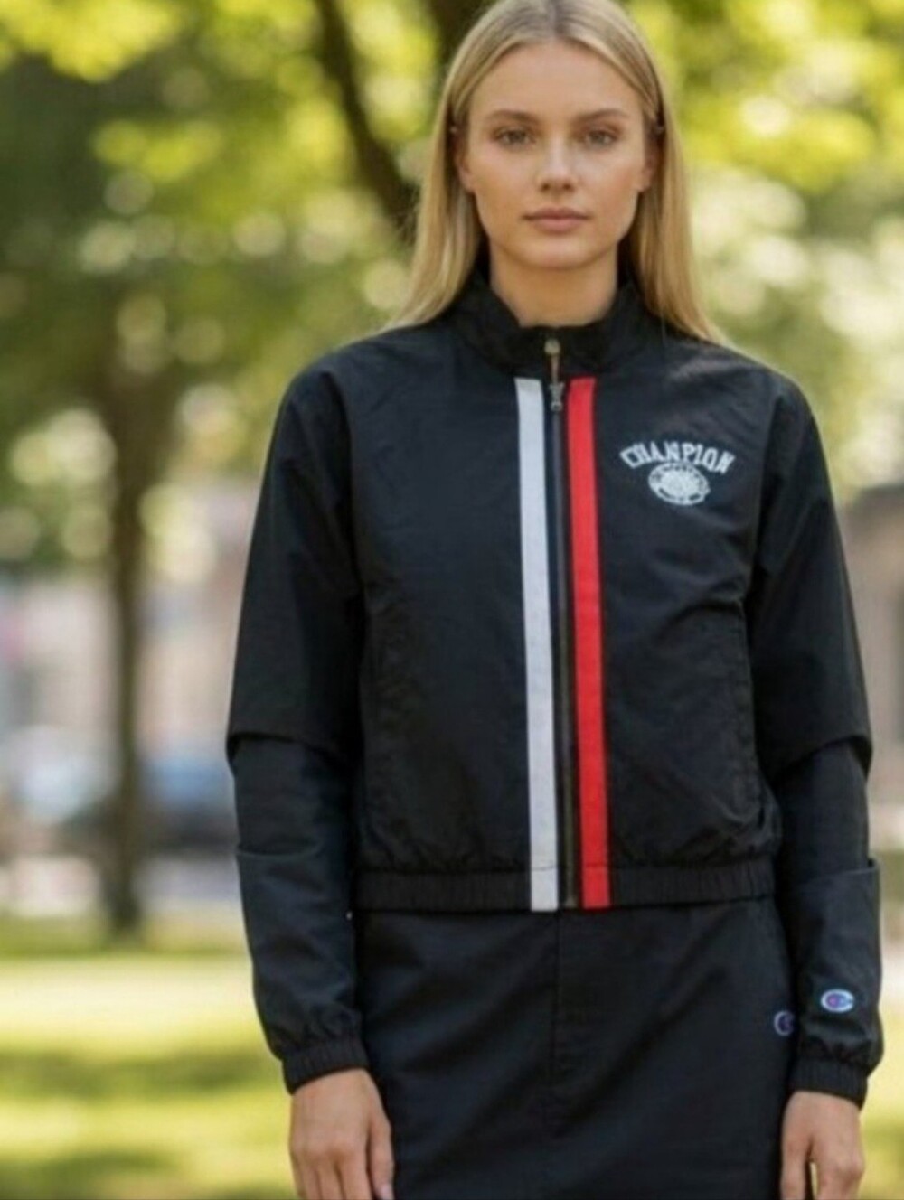 New Champion Women's Black Zip-Front Track Jacket with Red & White Stripe